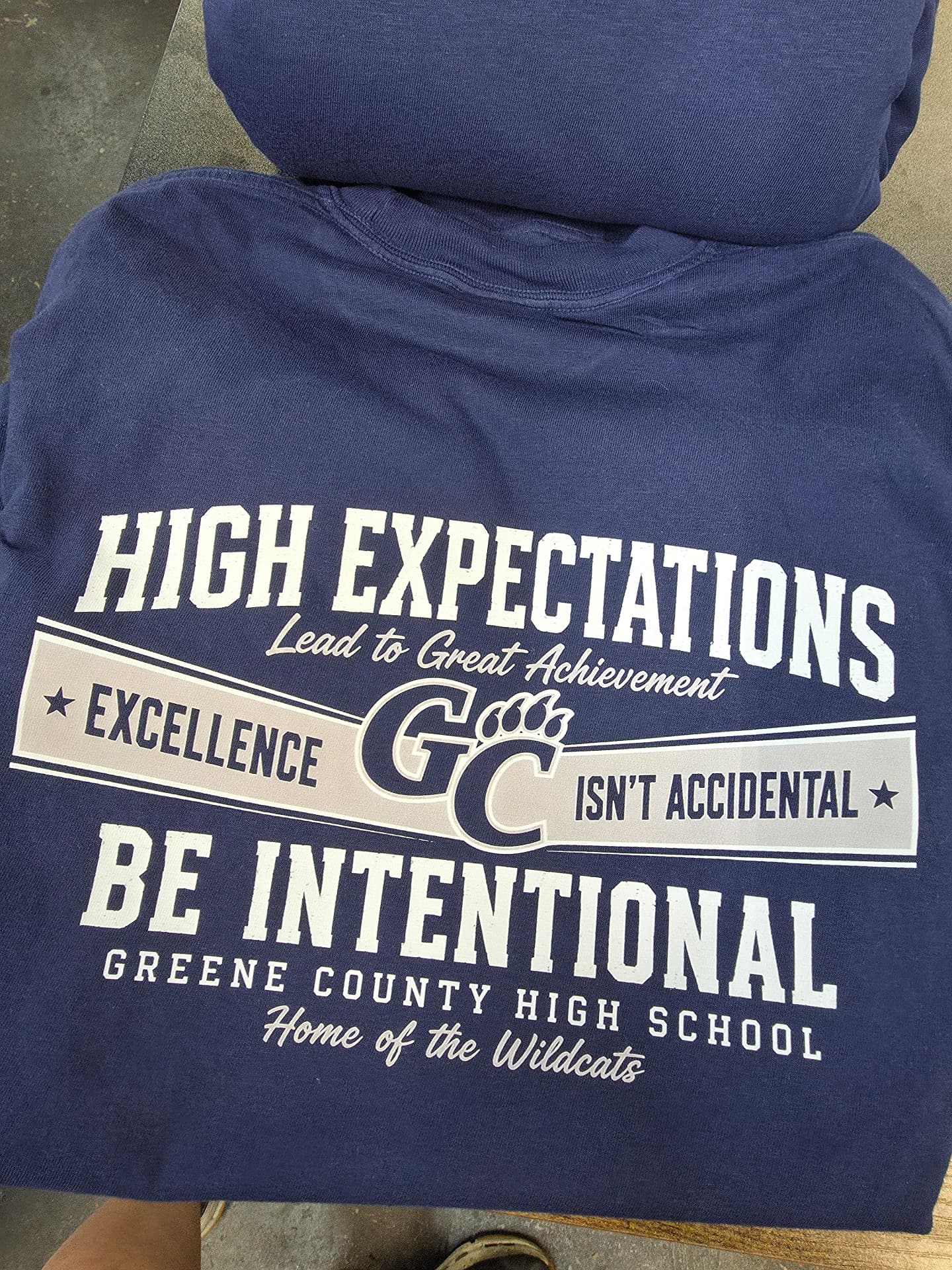 Navy Greene County High School Wildcats t shirt with a High Expectations back print